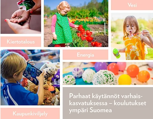 Ruudukossa on kuvia lapsista ja tekstit kiertotalous kaupunkiviljely vesi energia
