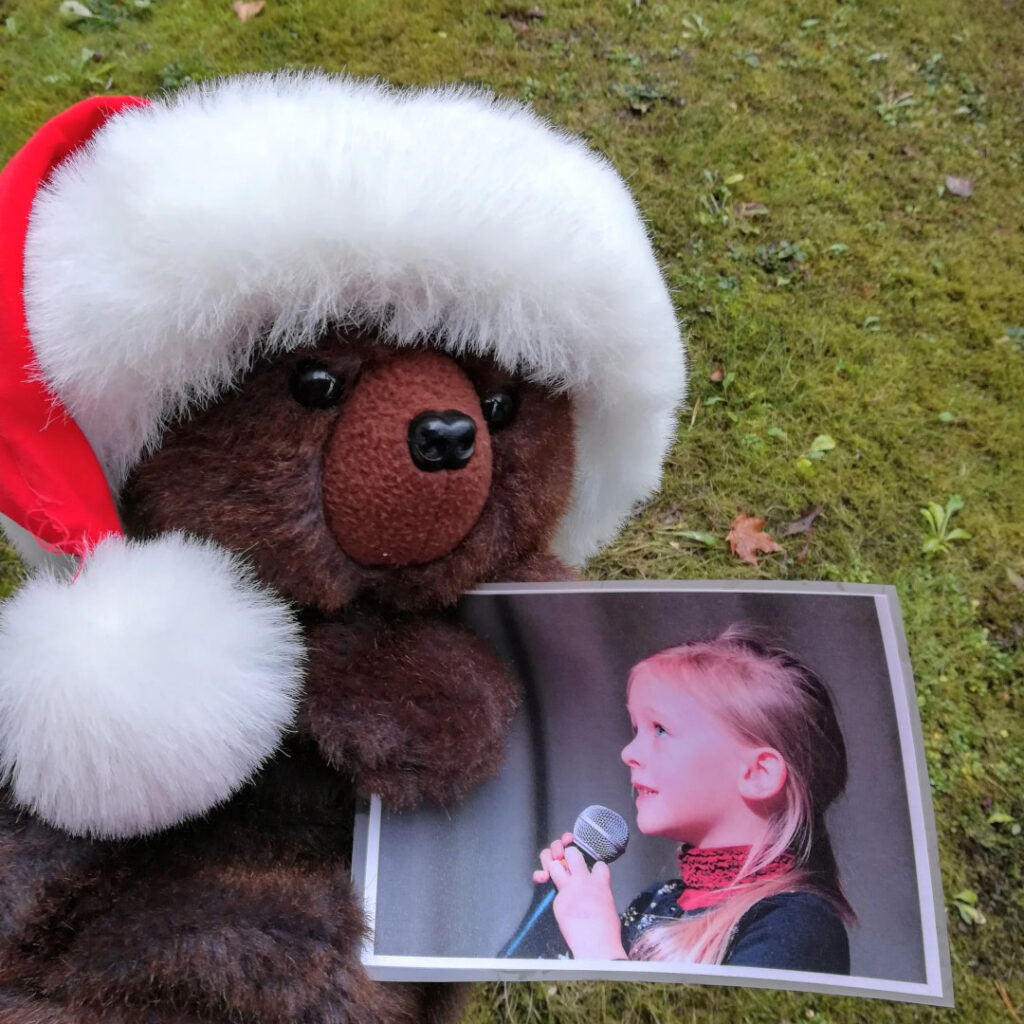 Bear puppet with xmas hat and picture of child